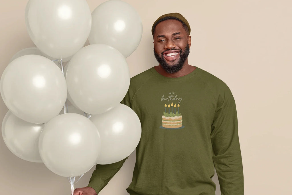 Military green sweatshirt with birthday cake and candles chest print
