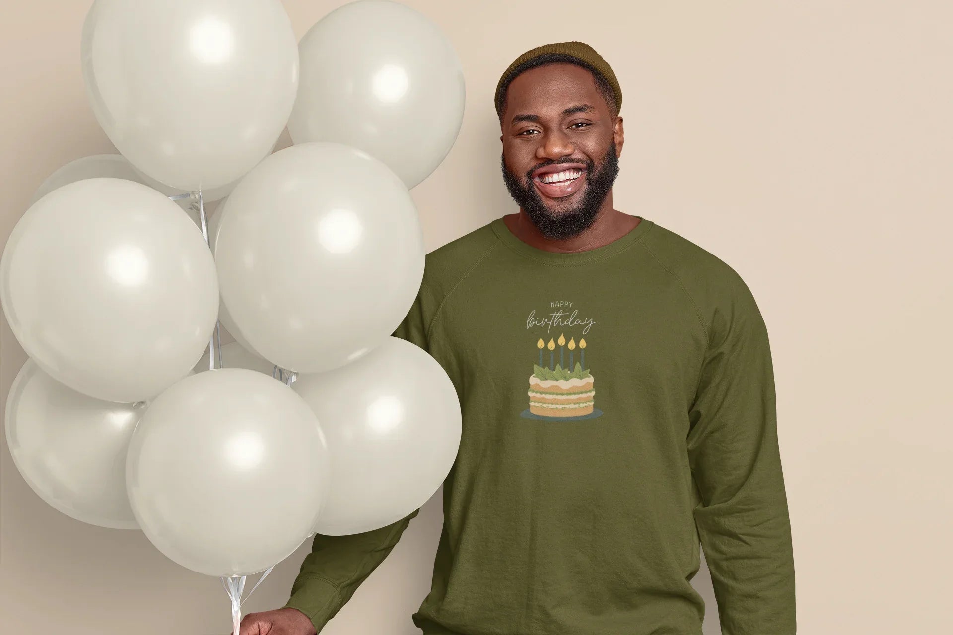 Military green sweatshirt with birthday cake and candles chest print