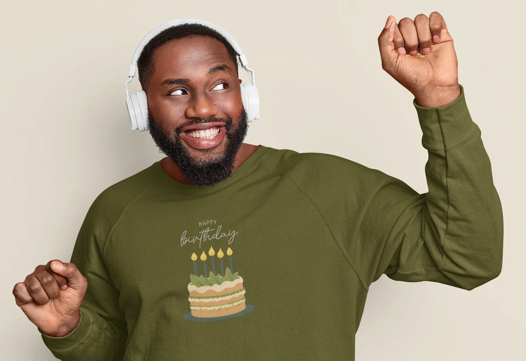 Olive green sweatshirt with “Happy Birthday” cake graphic on the chest