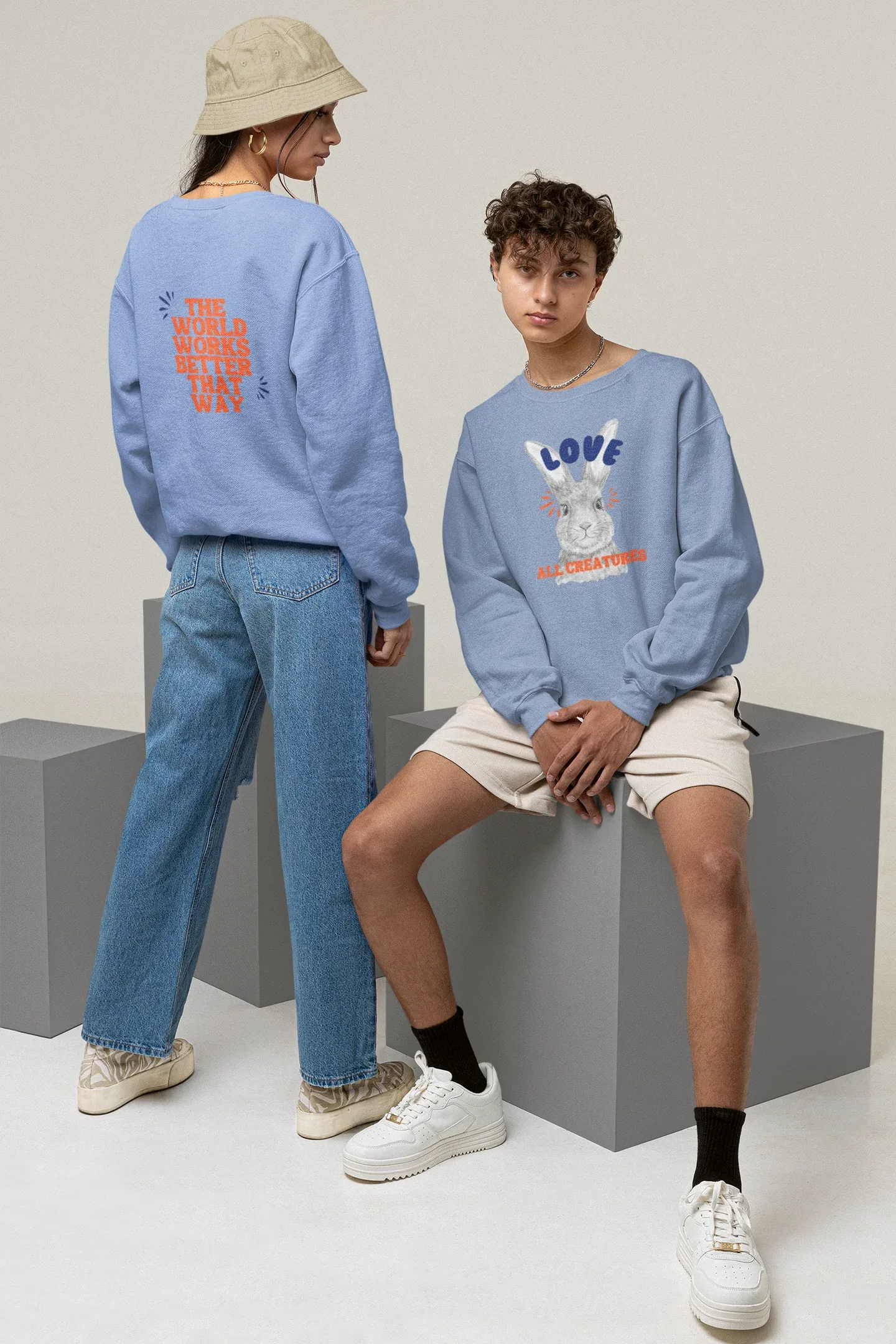Love All Creatures Sweatshirt - Cute Bunny Animal Rights Crewneck - Alley Crafters