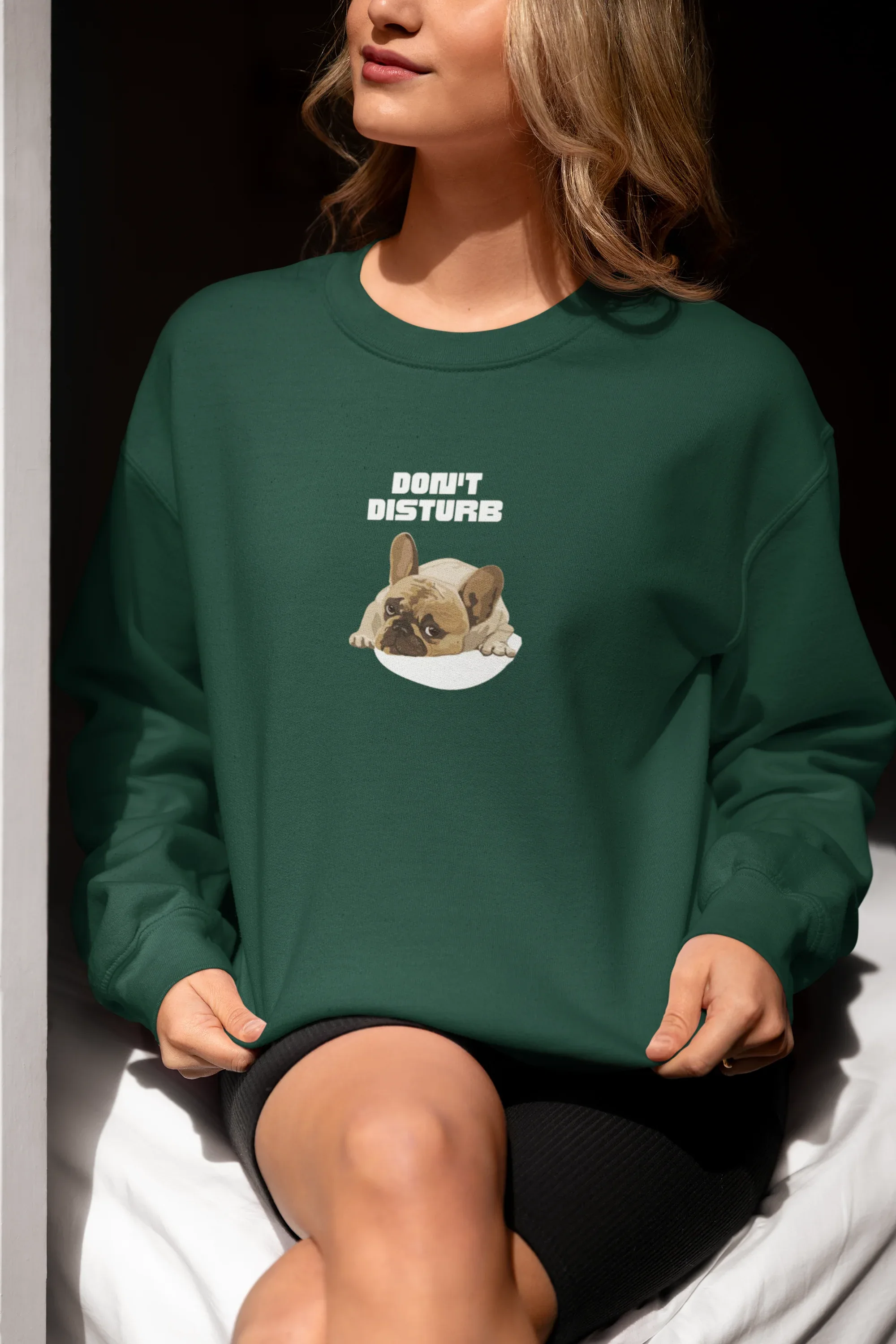 Green sweatshirt with “DON’T DISTURB” text and sleeping French Bulldog graphic.