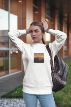 White crewneck sweatshirt with front graphic print, long sleeves
