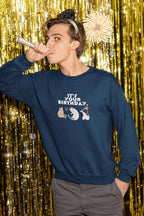Navy crewneck sweatshirt with 'It's My Birthday' cat graphic and long sleeves