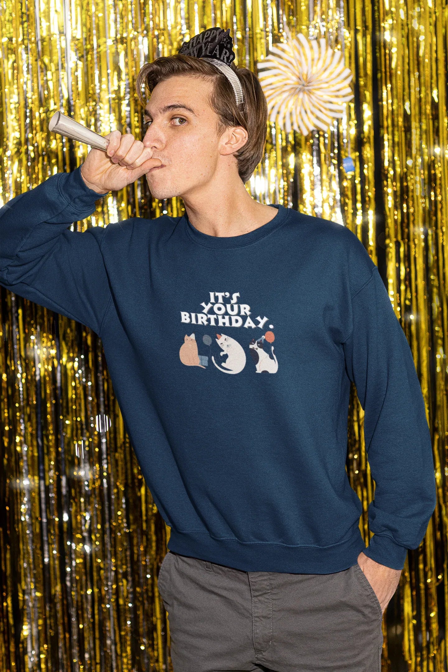 Navy crewneck sweatshirt with 'It's My Birthday' cat graphic and long sleeves
