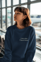 Navy crewneck sweatshirt with "a year wiser, a world kinder" text print