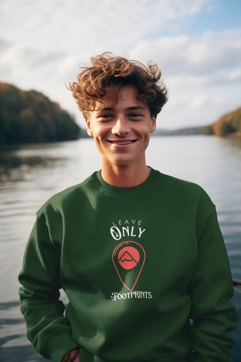 Bottle green crewneck sweatshirt with 'Leave Only Footprints' logo graphic