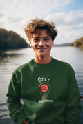 Bottle green crewneck sweatshirt with 'Leave Only Footprints' logo graphic