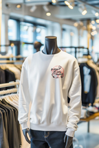 Off-white crewneck sweatshirt with pink Planet Over Profit logo on chest