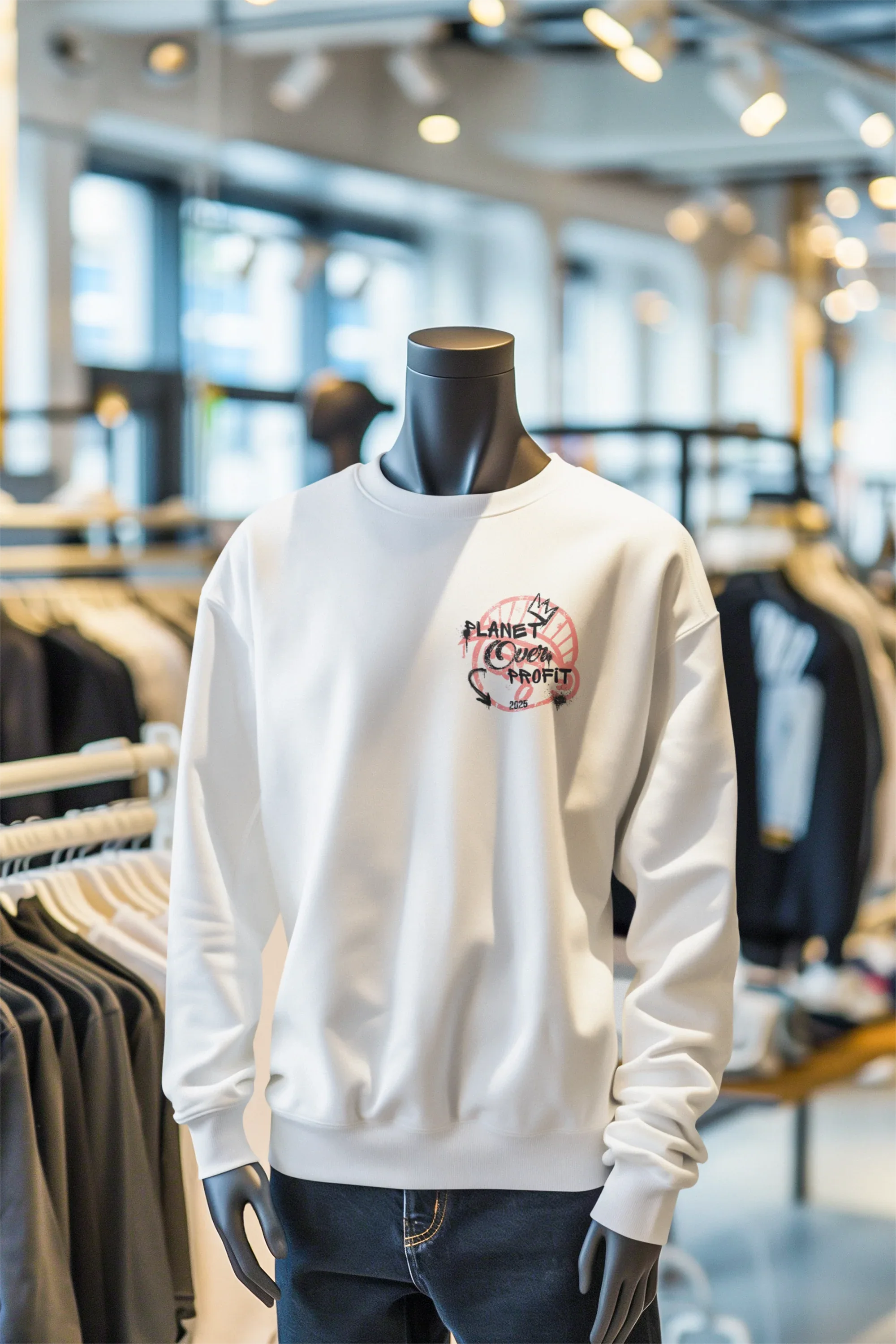 Off-white crewneck sweatshirt with pink Planet Over Profit logo on chest