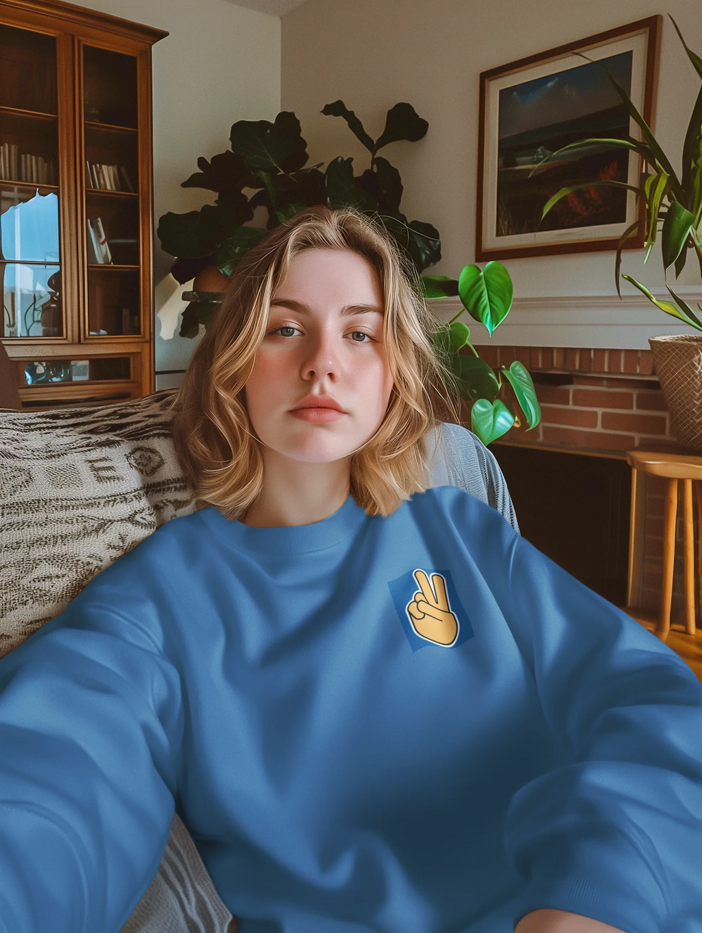 Royal blue sweatshirt with embroidered peace hand sign on chest.