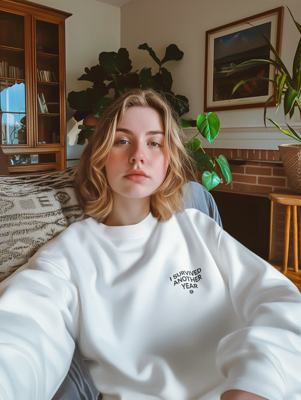 White crewneck sweatshirt with small chest text graphic “I SURVIVED ANOTHER YEAR”
