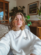 White crewneck sweatshirt with small chest text graphic “I SURVIVED ANOTHER YEAR”