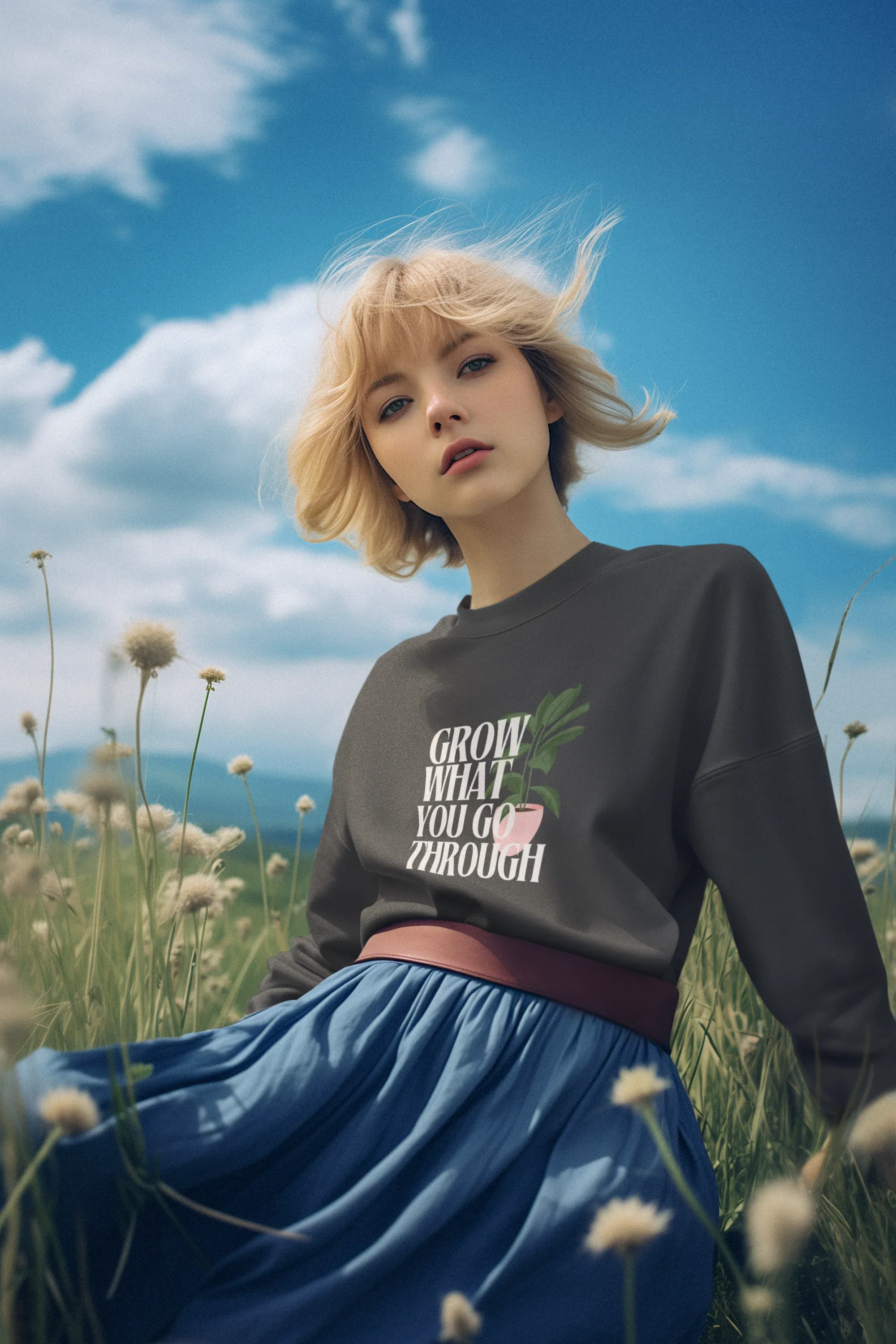 Dark gray sweatshirt with “Grow What You Go Through” text and leaf graphic