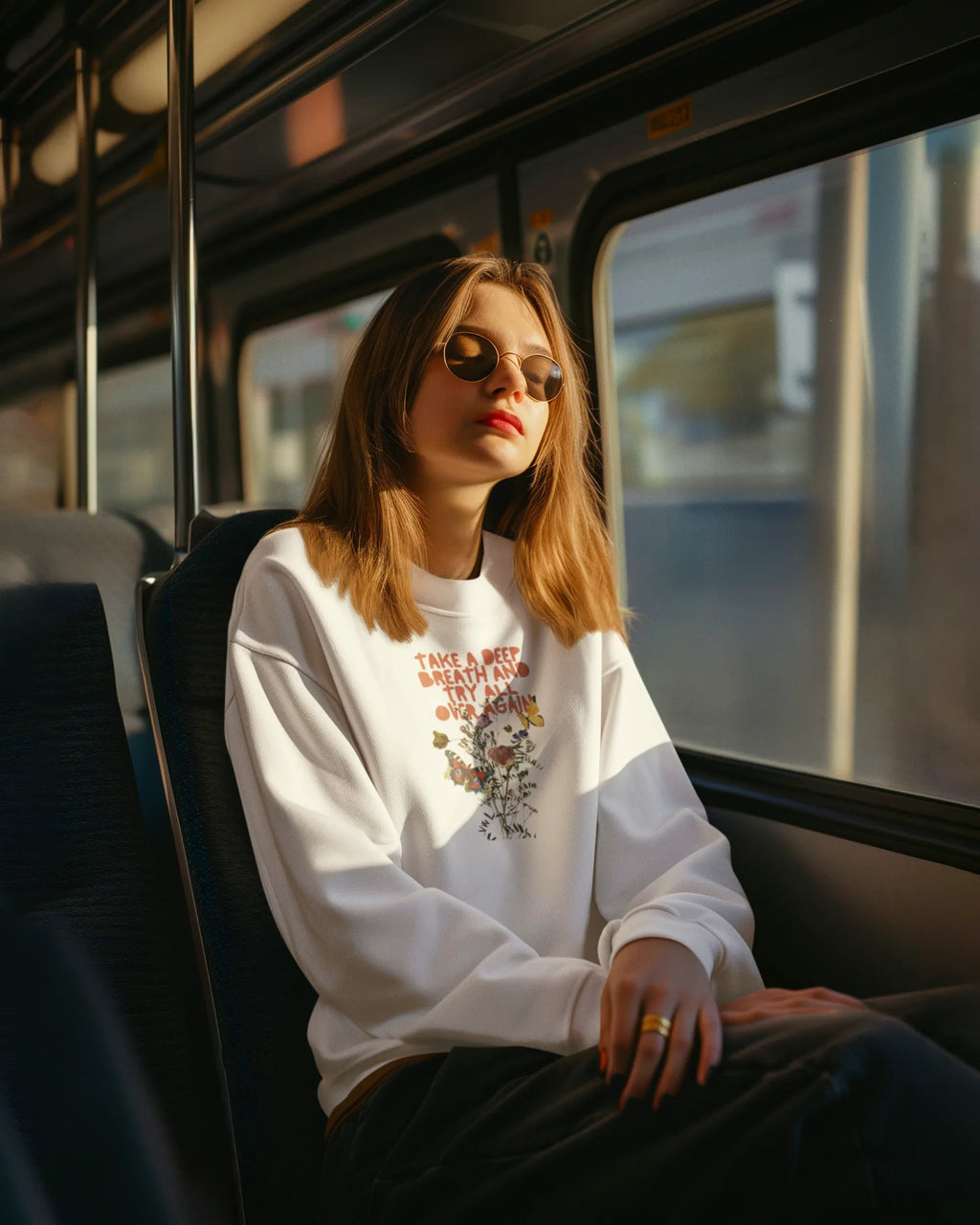 White crewneck sweatshirt with floral inspirational text graphic at center chest