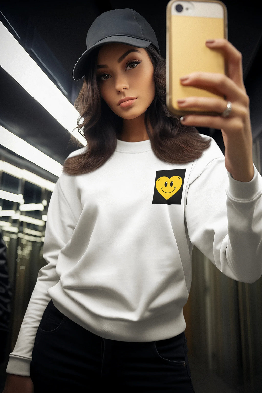 White crewneck sweatshirt with yellow embroidered smiley love heart chest patch