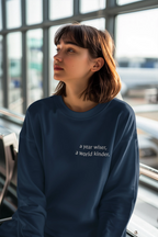 Navy crewneck sweatshirt with "a year wiser, a world kinder" text print