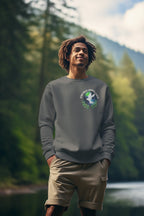 Gray crewneck sweatshirt with small dove nature logo on chest, long sleeves