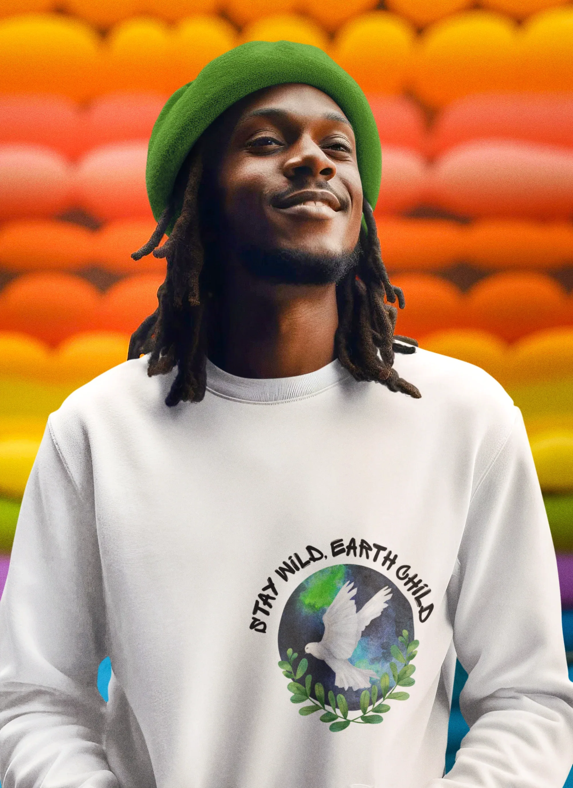 White crewneck sweatshirt with a circular dove and leaf nature logo on chest.