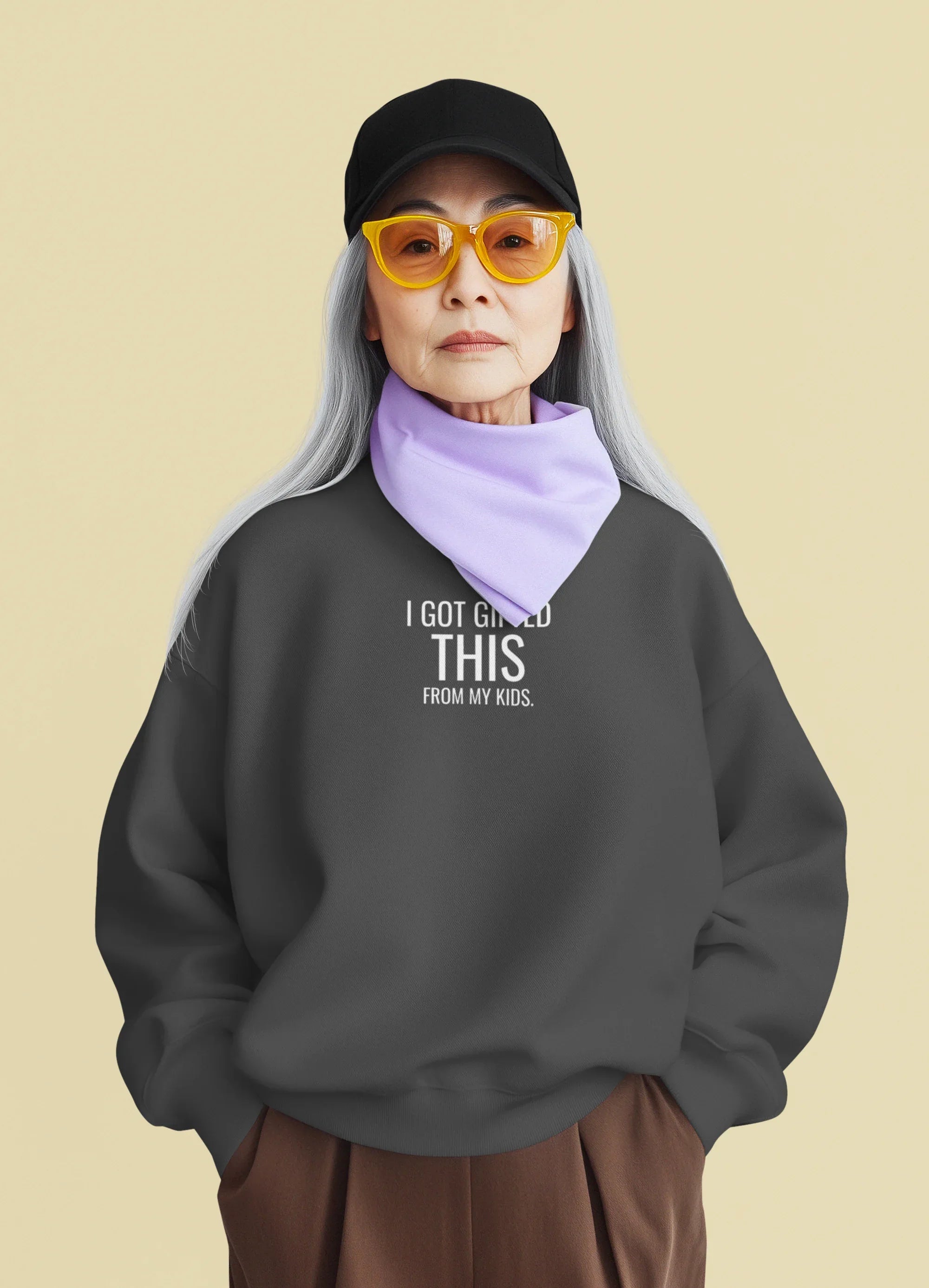 Dark gray crewneck sweatshirt with "I got gifted this" chest print