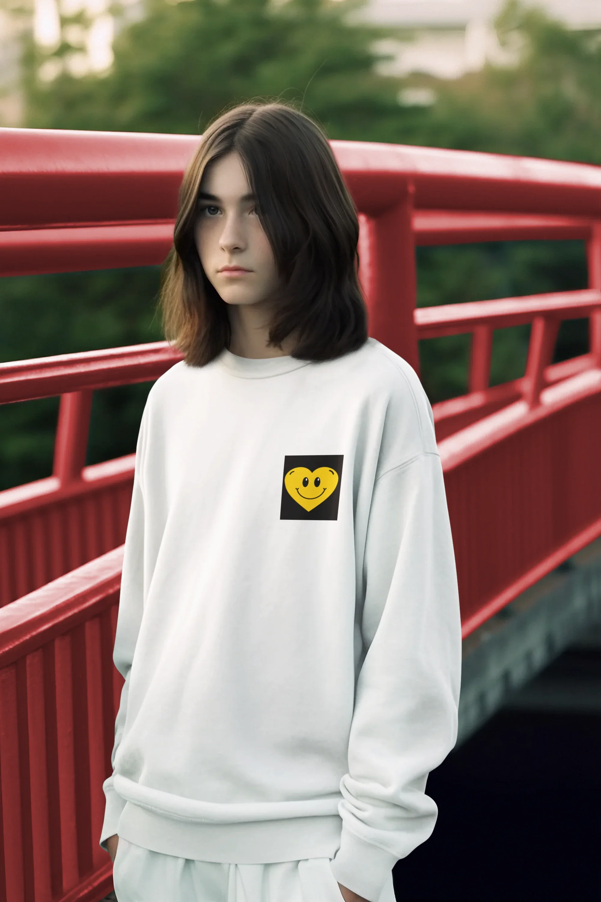 Light crewneck sweatshirt with embroidered smiley heart patch on chest