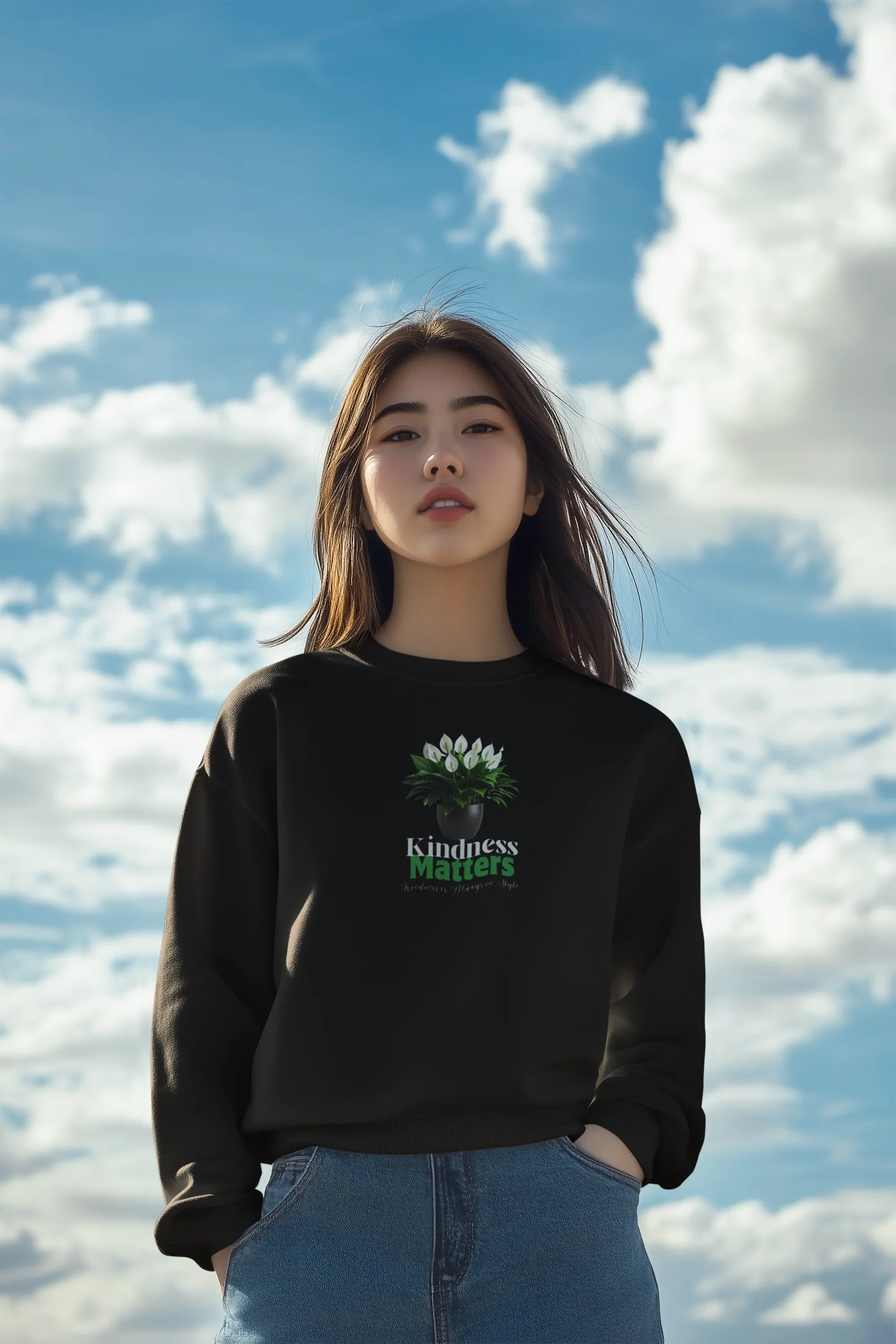 Black crewneck sweatshirt with tree graphic and 'Kindness Matters' logo on chest