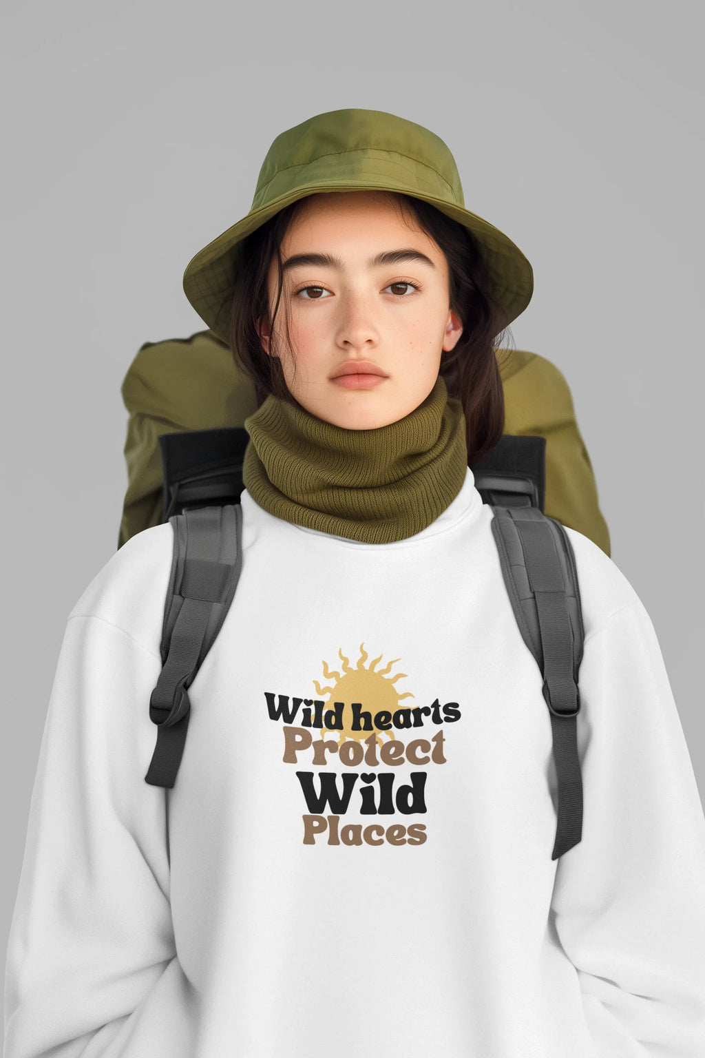 White crewneck sweatshirt worn with “Wild hearts Protect Wild Places” chest graphic