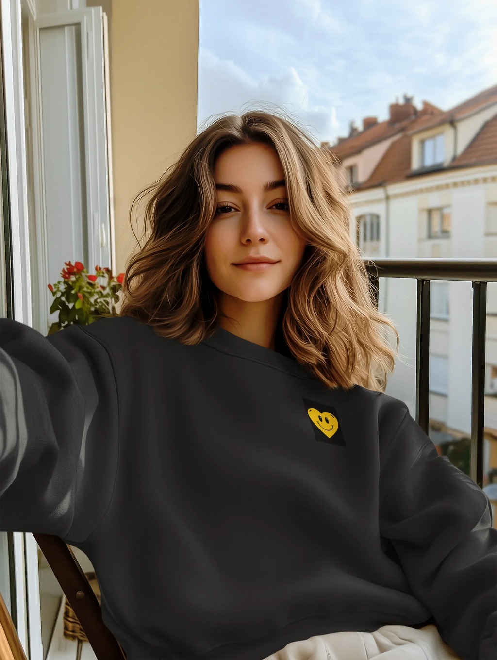 Black crewneck sweatshirt with embroidered smiley heart patch detail