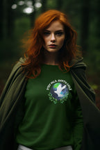 Forest green crewneck sweatshirt with a circular dove and leaf nature graphic on chest.