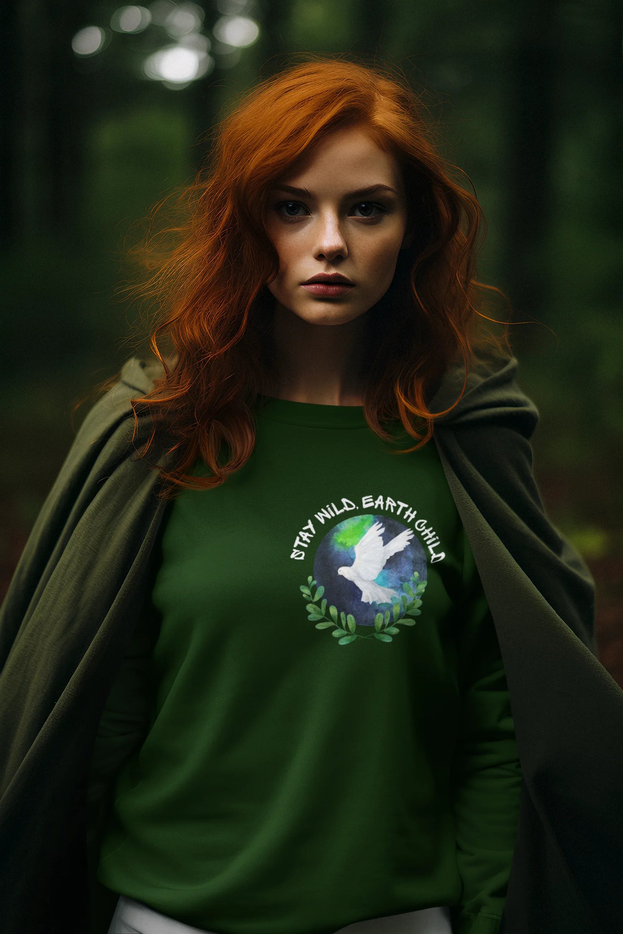 Forest green crewneck sweatshirt with a circular dove and leaf nature graphic on chest.
