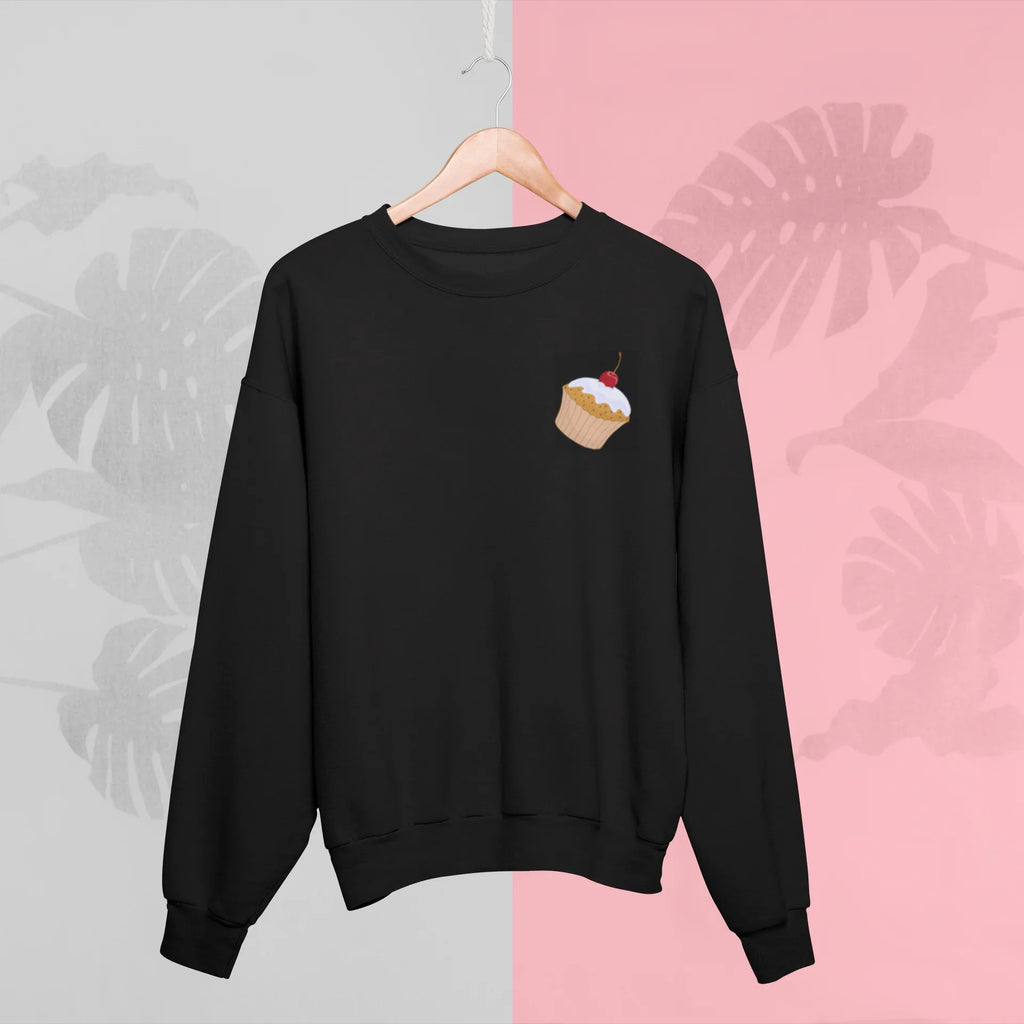 Black cupcake sweatshirt, full view, small cupcake graphic on front