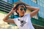 White unisex T-shirt with coffee cup graphic and “coffee” word, short sleeves