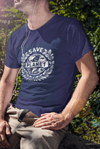 Navy T-shirt with white 'Save the Planet' logo worn by person