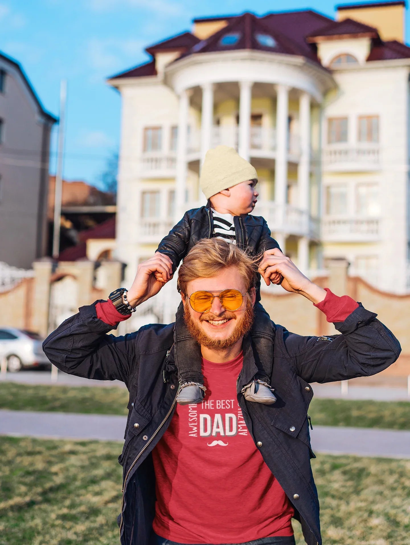 Red heavy cotton T-shirt with “The Best Dad” graphic and mustache emblem on the chest.