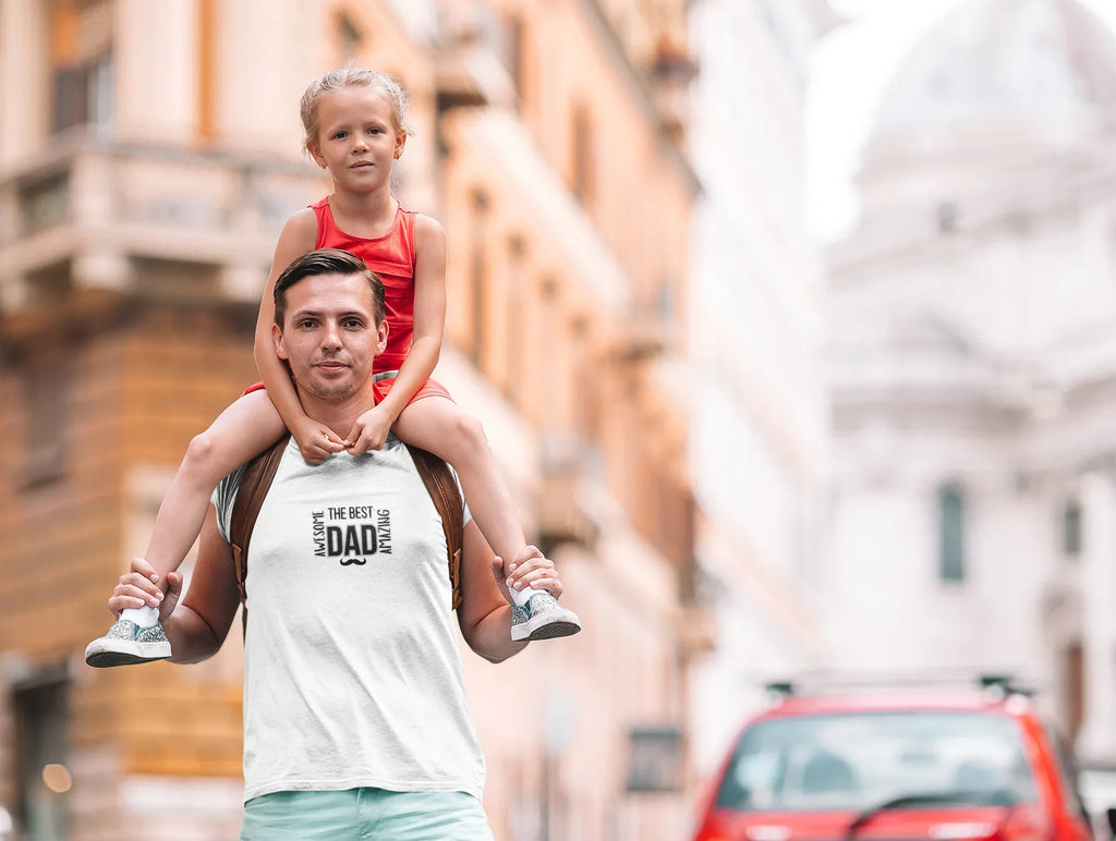 White heavy cotton T-shirt with small “The Best Dad” graphic and mustache emblem.