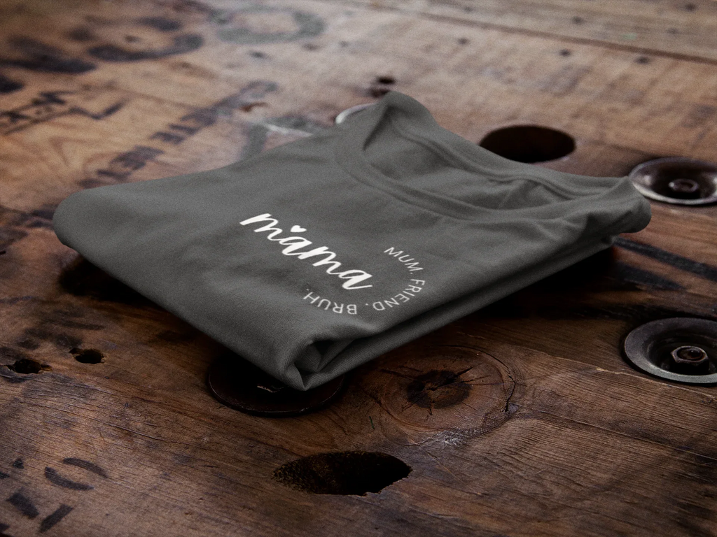 Charcoal Mama T-shirt with small 'mama' graphic on chest, crew neck, short sleeves