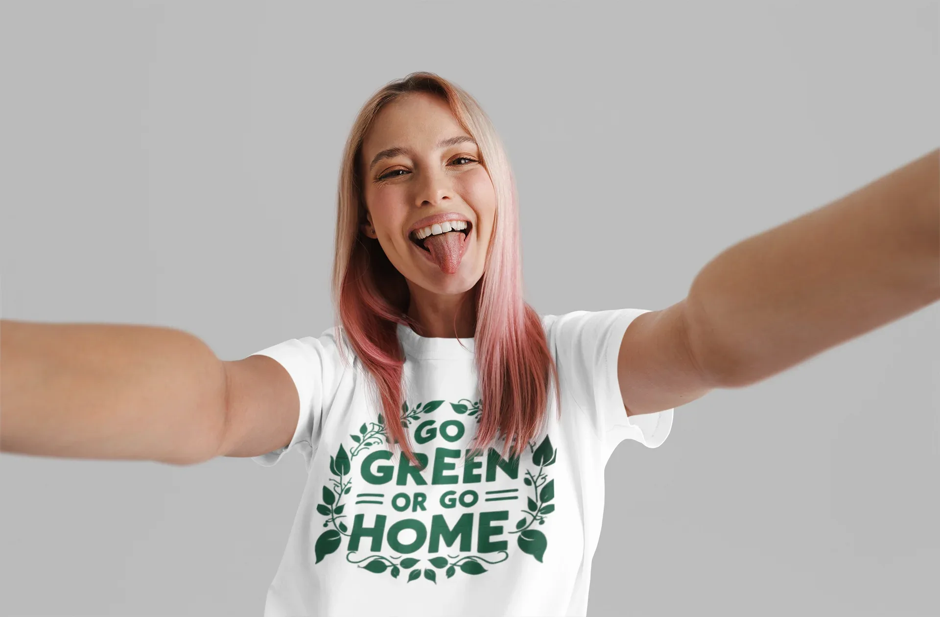 White unisex T-shirt with front graphic print reading "GO GREEN OR GO HOME"
