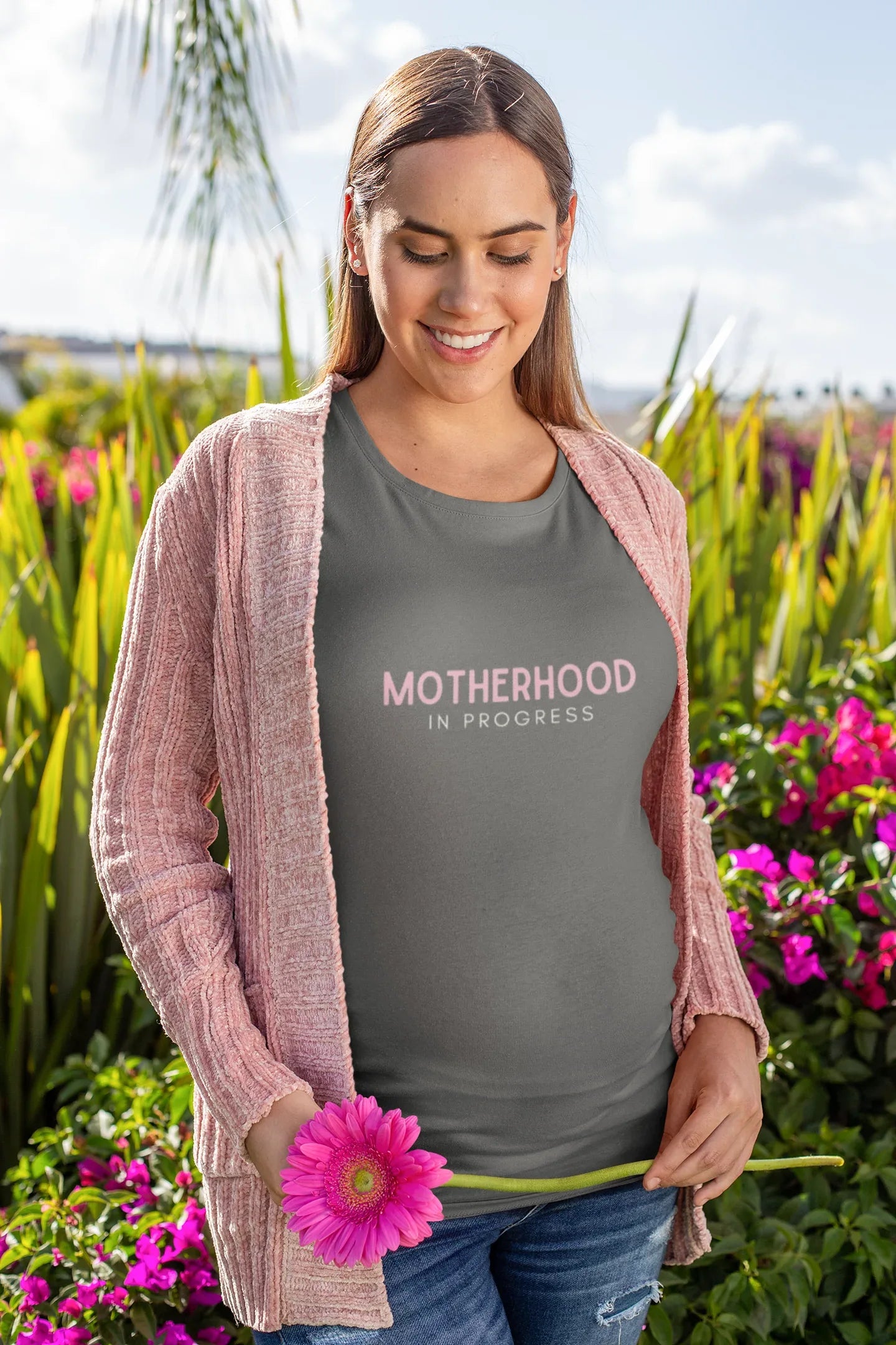 Maternity heavy cotton tee in heather gray with pink “Motherhood in Progress” print