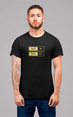 Black unisex graphic T-shirt with “MUSIC ON” and “WORLD OFF” box print on chest