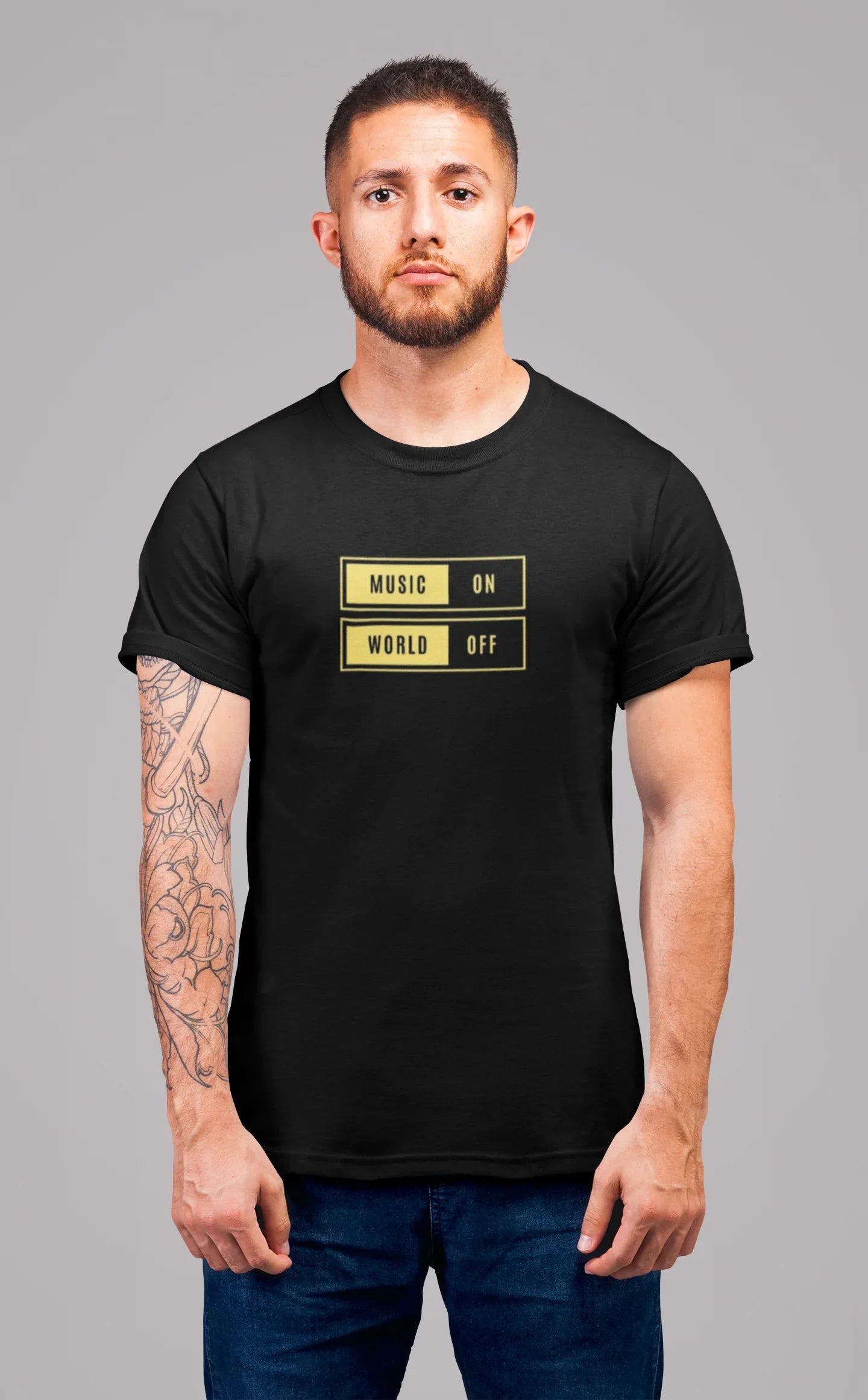 Black unisex graphic T-shirt with “MUSIC ON” and “WORLD OFF” box print on chest