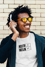 White unisex T-shirt with “Music On / World Off” square chest graphic