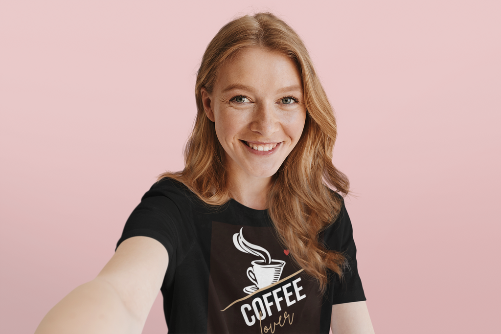Black unisex T-shirt with coffee cup graphic and red heart detail on chest