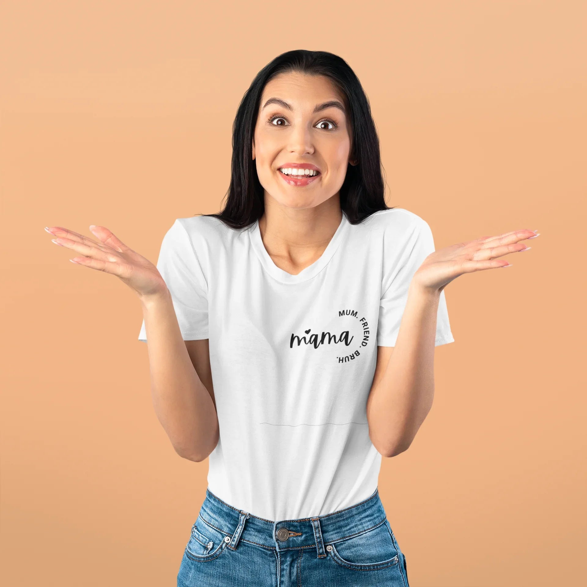 White mum T-shirt with small chest logo and crew neck