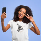 White unisex T-shirt with coffee cup graphic and “coffee” text, crew neck