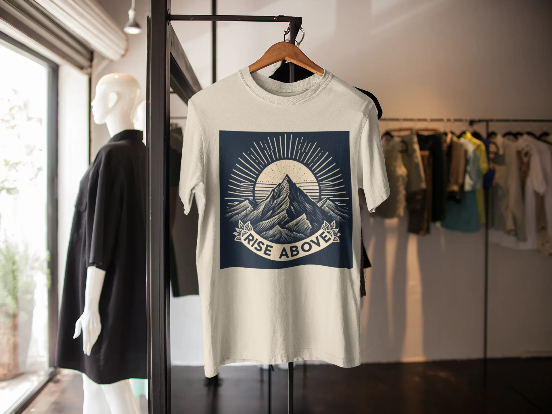 White short-sleeve T-shirt with mountain sunrise “RISE ABOVE” graphic on hanger