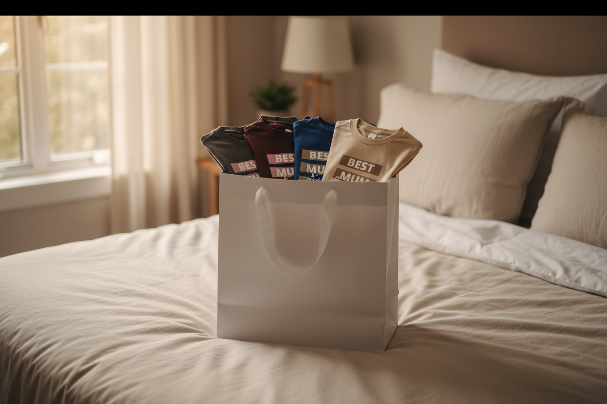 T-Shirts in Gift Bag on Bed