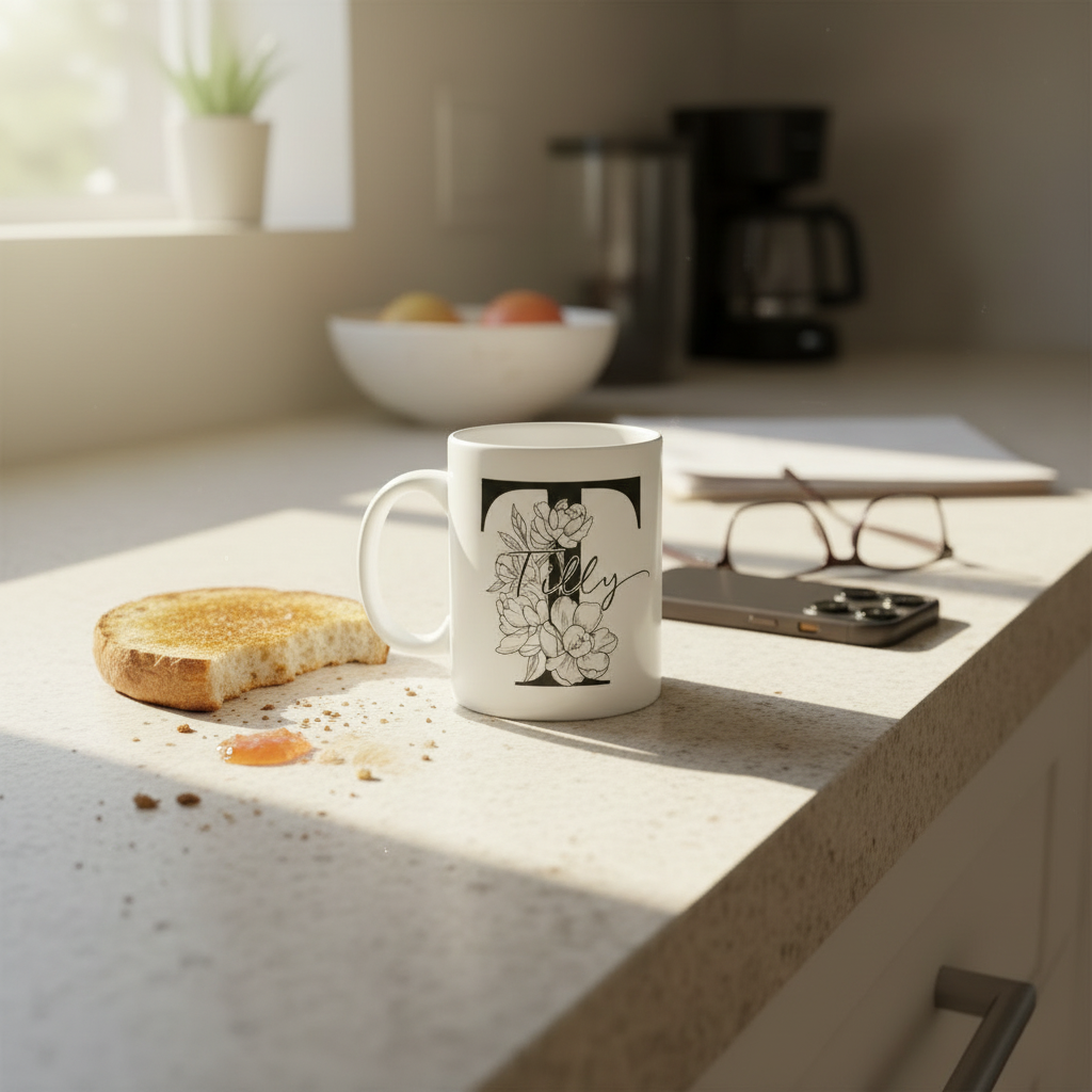 White personalized name mug on countertop with black floral design and “Kelly”