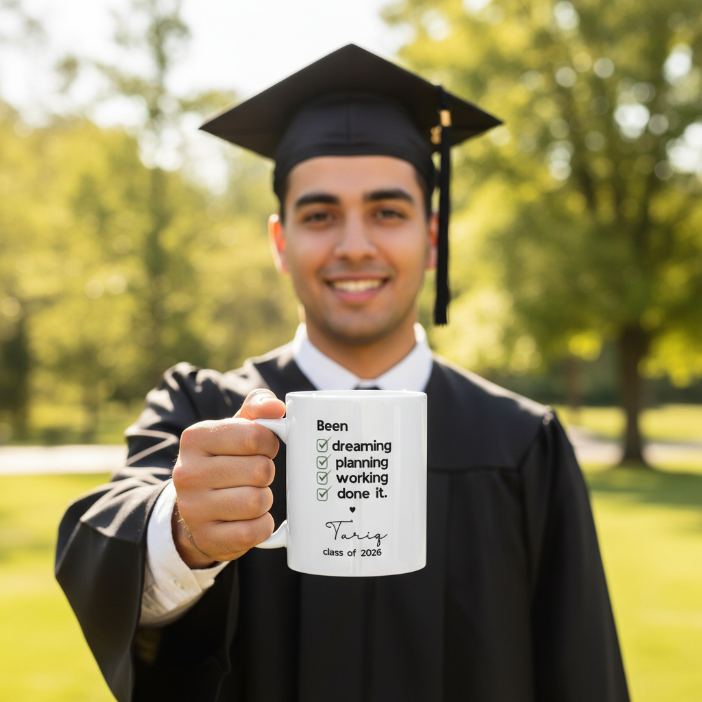 Tariq — graduate holding checklist mug