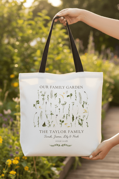 Our Family Garden Personalised Tote Bag — Custom Family Name Floral Canvas Gift - AlleyCrafters