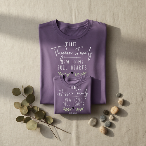 Purple personalised t-shirt with Taylor Family “New Home Full Hearts” print, crew neck