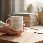White ceramic teacher mug held in both hands, 'teacher' text and quote